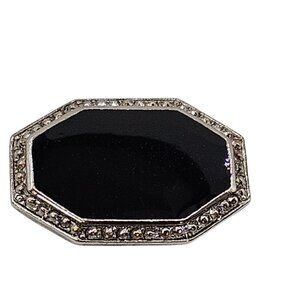 Vintage Marcasite & Onyx 3.5" Oval Octagonal Black Silver Pinback Button Brooch